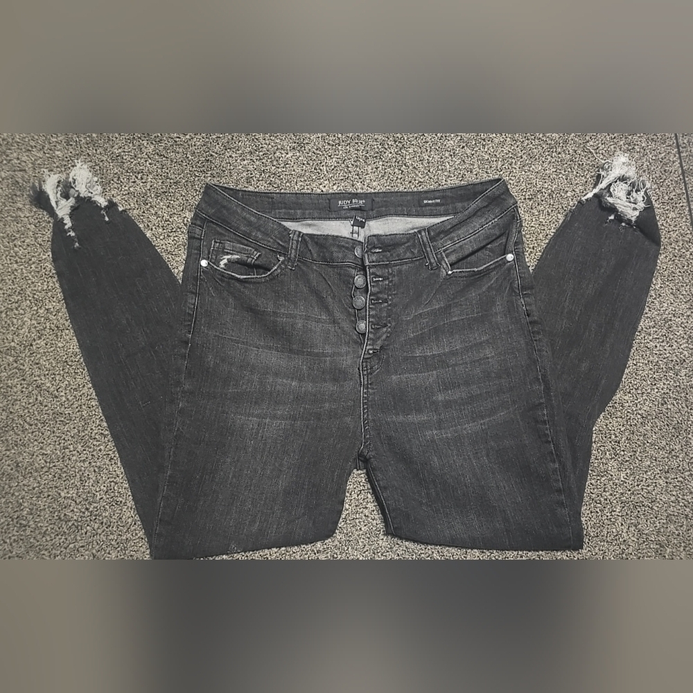 Judy Blue Skinny Fit Charcoal Black Jeans, Distressed Hem, Womens Size 15/32